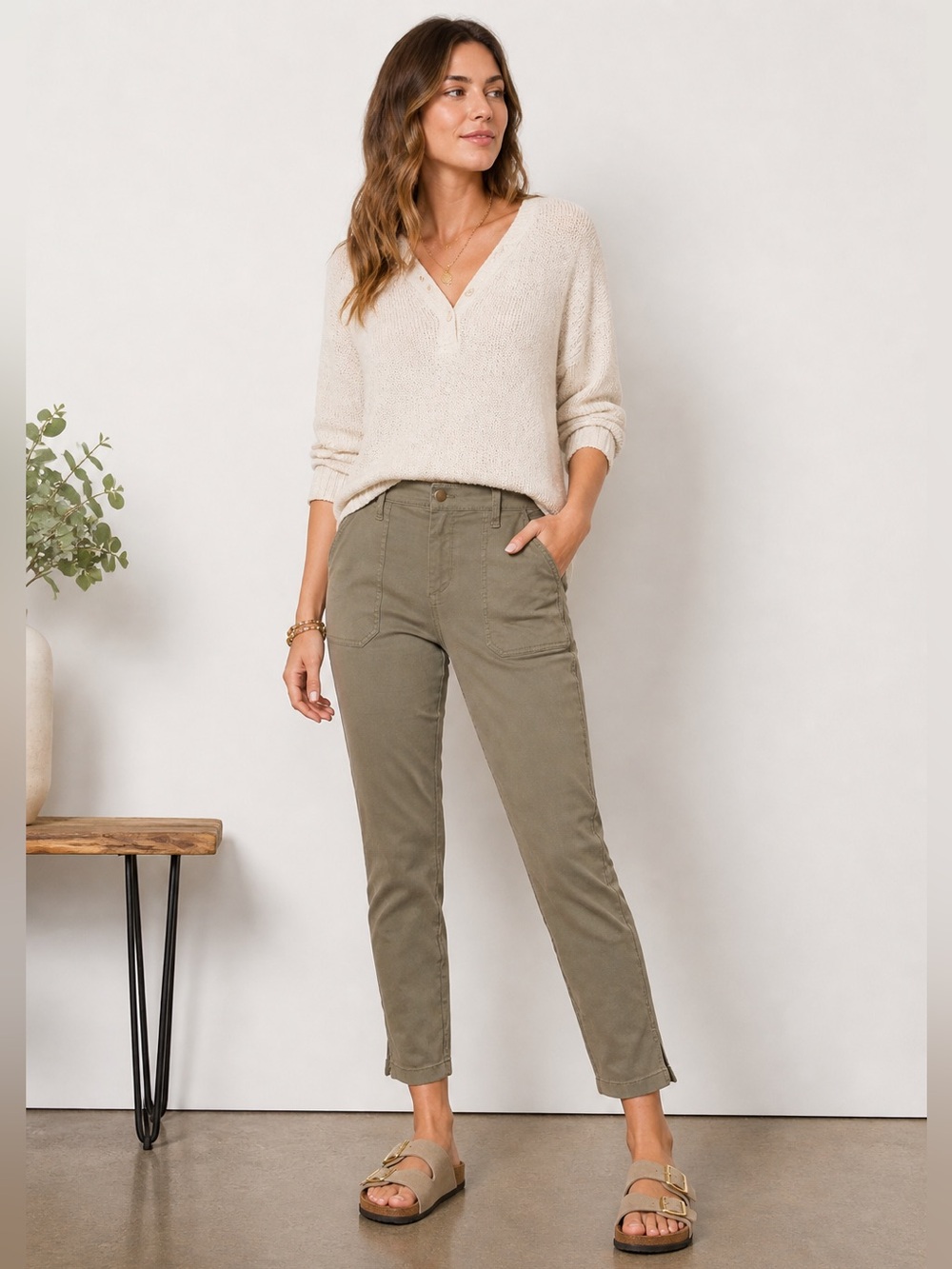 EVEREVE Women's Casual Payton Utility Ankle Slit Olive Green Pants 28